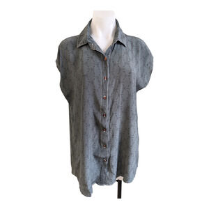 All Golden OS Button Up Shirt Blue 100% Silk Hook Print Short Sleeves